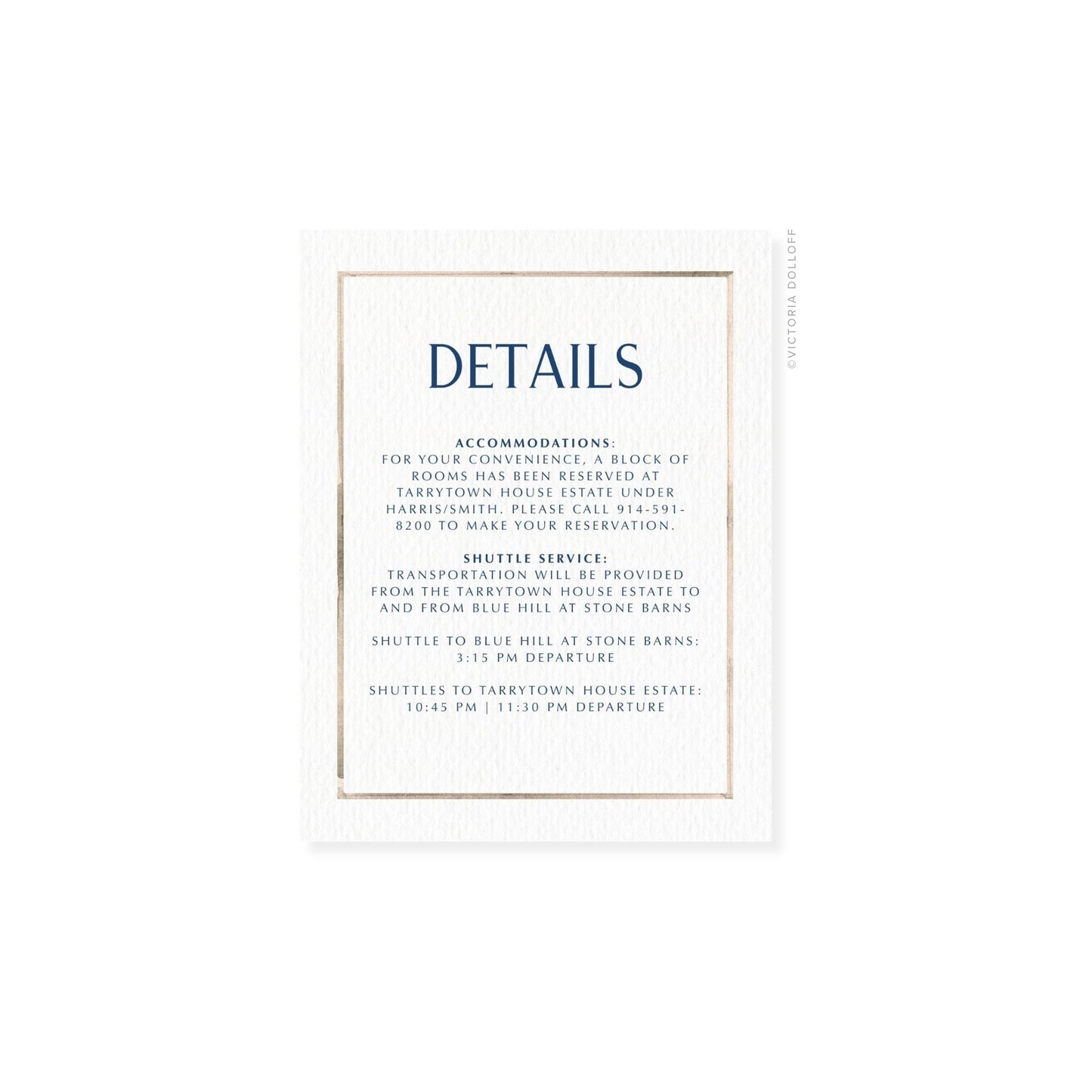 Watercolor border enclosure card, sand border, uppercase “DETAILS” heading in blue