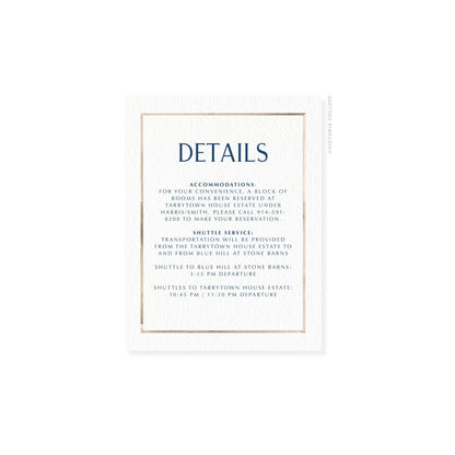 Watercolor border enclosure card, sand border, uppercase “DETAILS” heading in blue