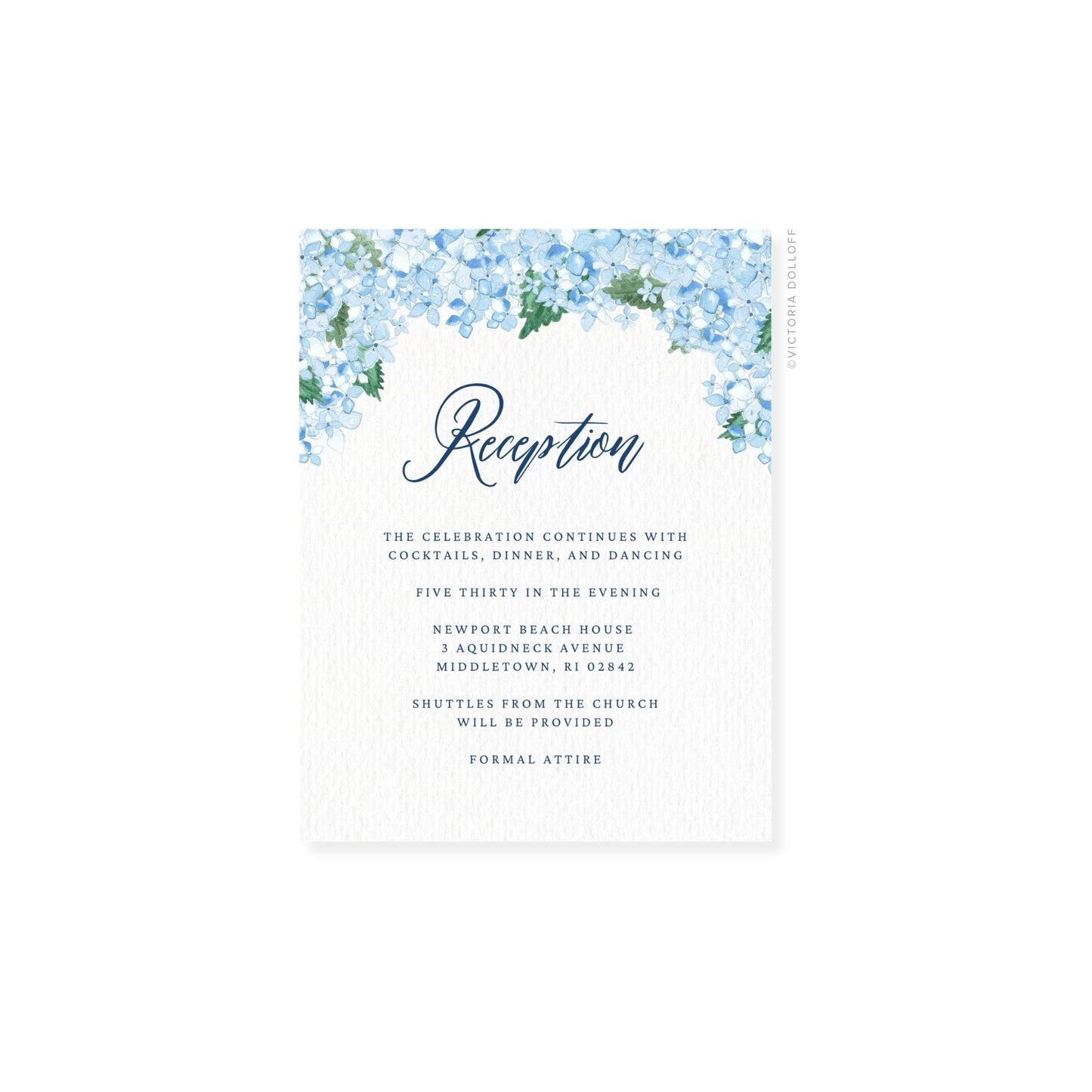 Hydrangea watercolor enclosure card, 'Reception' in dark script with blue floral border