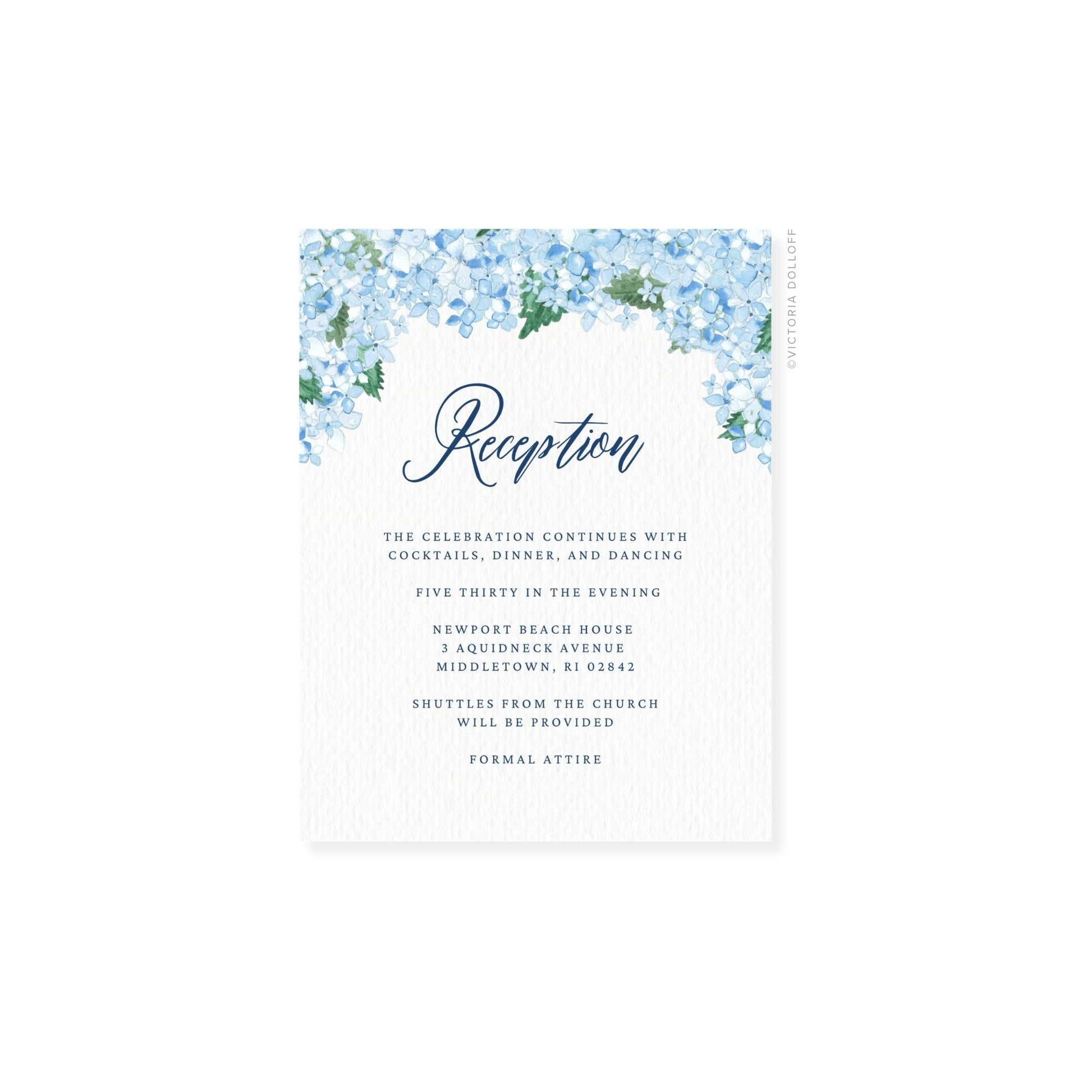 Hydrangea watercolor enclosure card, 'Reception' in dark script with blue floral border