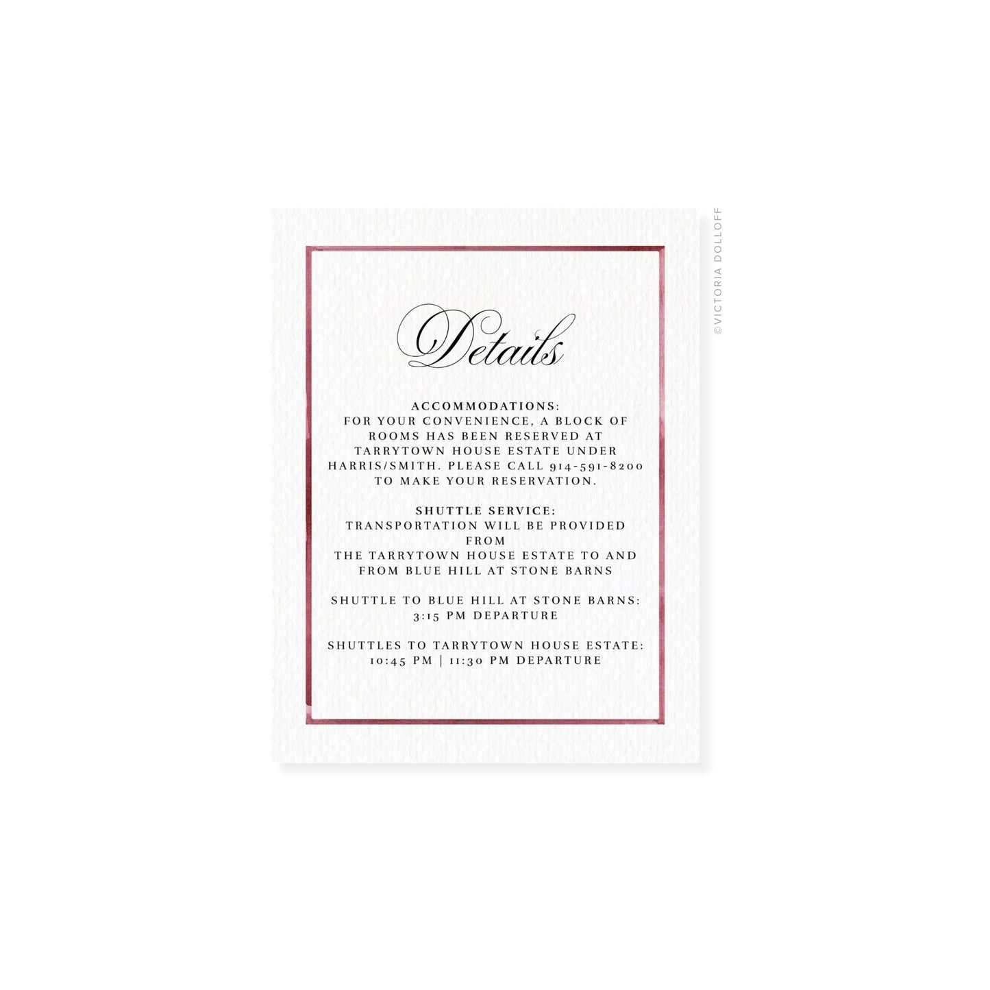 Watercolor border enclosure card, red sangria border, “Details” script with text block below