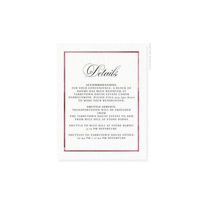 Watercolor border enclosure card, red sangria border, “Details” script with text block below