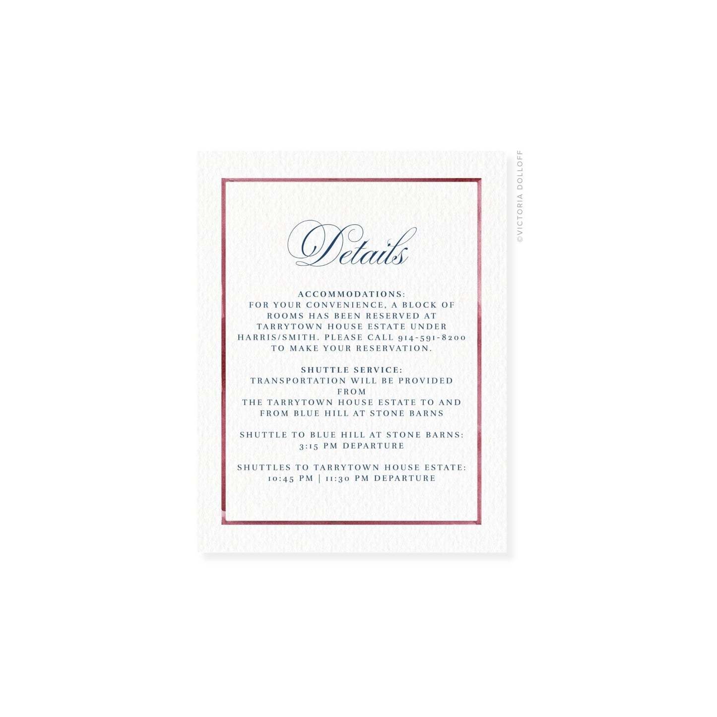 Watercolor border enclosure card, red sangria border, cursive “Details” at top