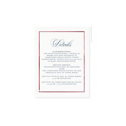 Watercolor border enclosure card, red sangria border, cursive “Details” at top