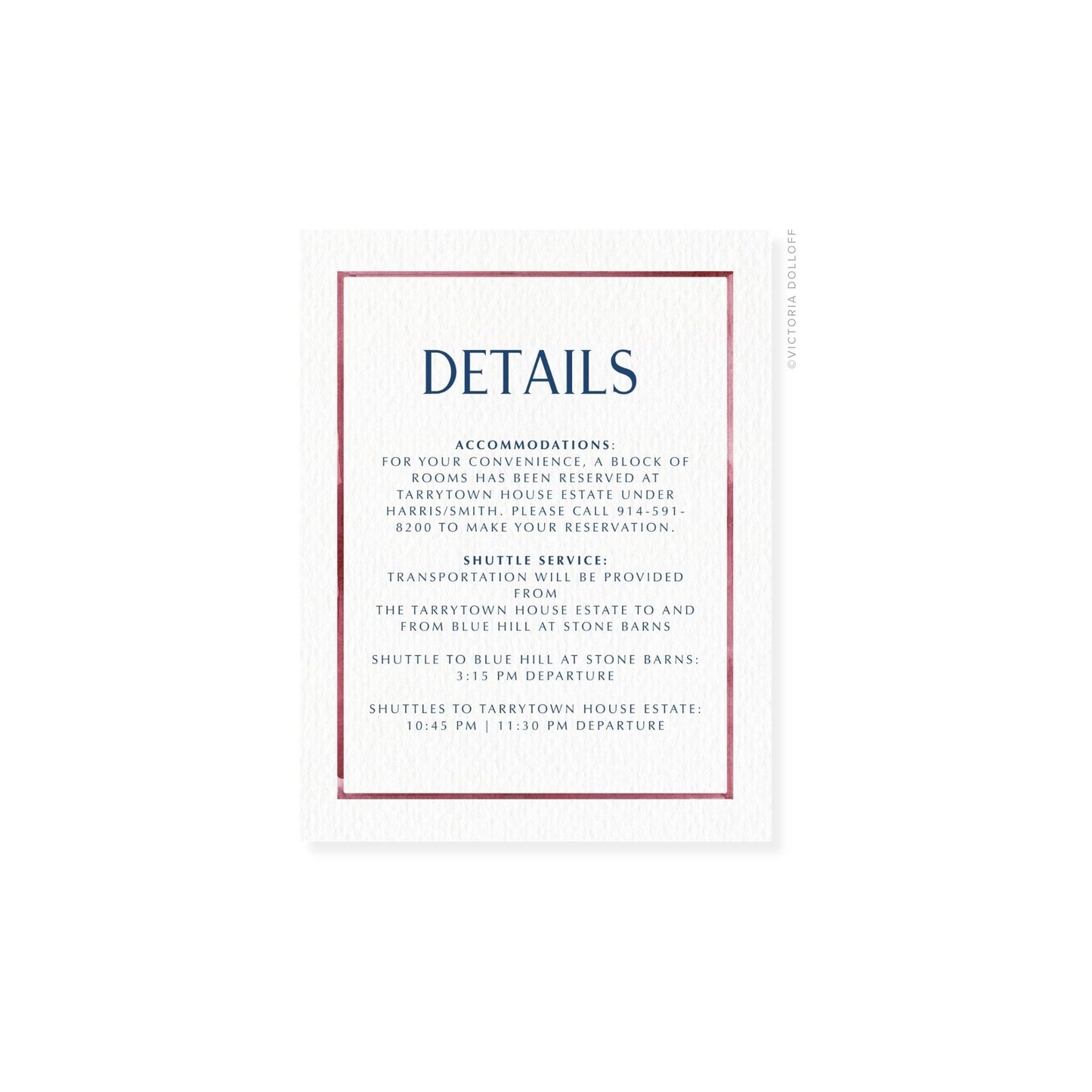 Watercolor border enclosure card, blue border, uppercase “DETAILS” heading with body text