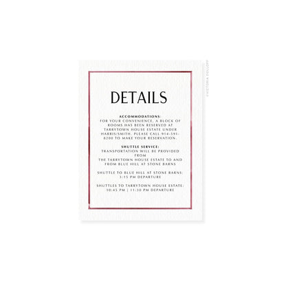 Watercolor border enclosure card, red sangria border, uppercase “DETAILS” in dark text