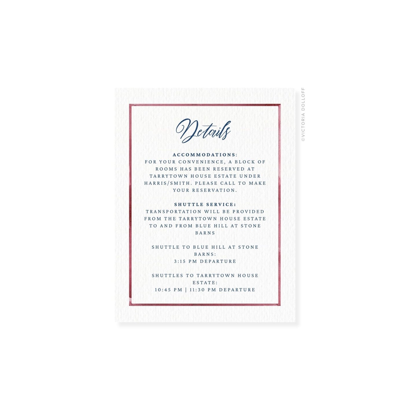 Enclosure card “Details” with mauve-red border and navy-blue text