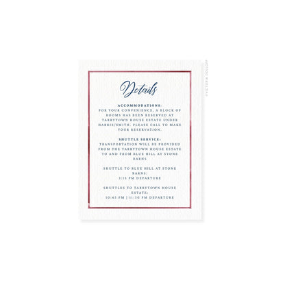 Enclosure card “Details” with mauve-red border and navy-blue text