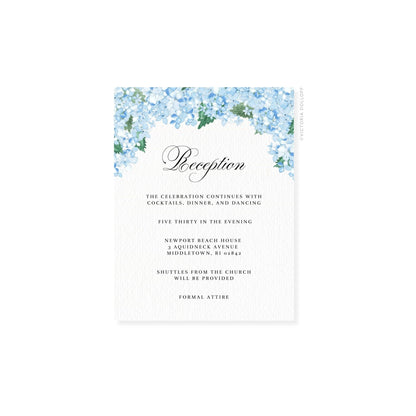 Hydrangea watercolor enclosure card, 'Reception' title in script with navy font color
