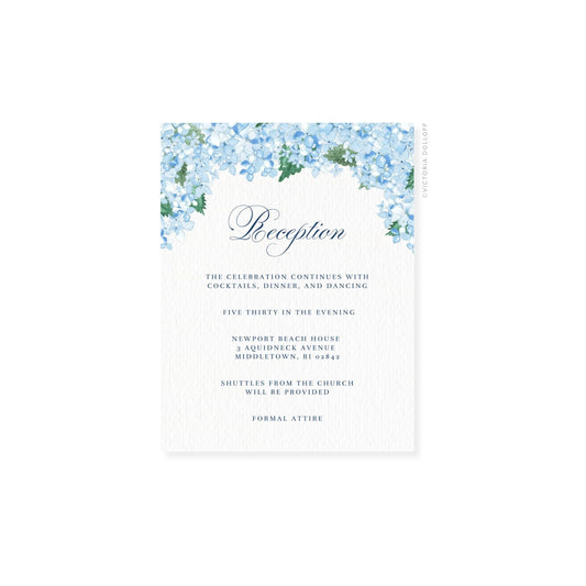 Hydrangea watercolor enclosure card, 'Reception' in navy script with event details