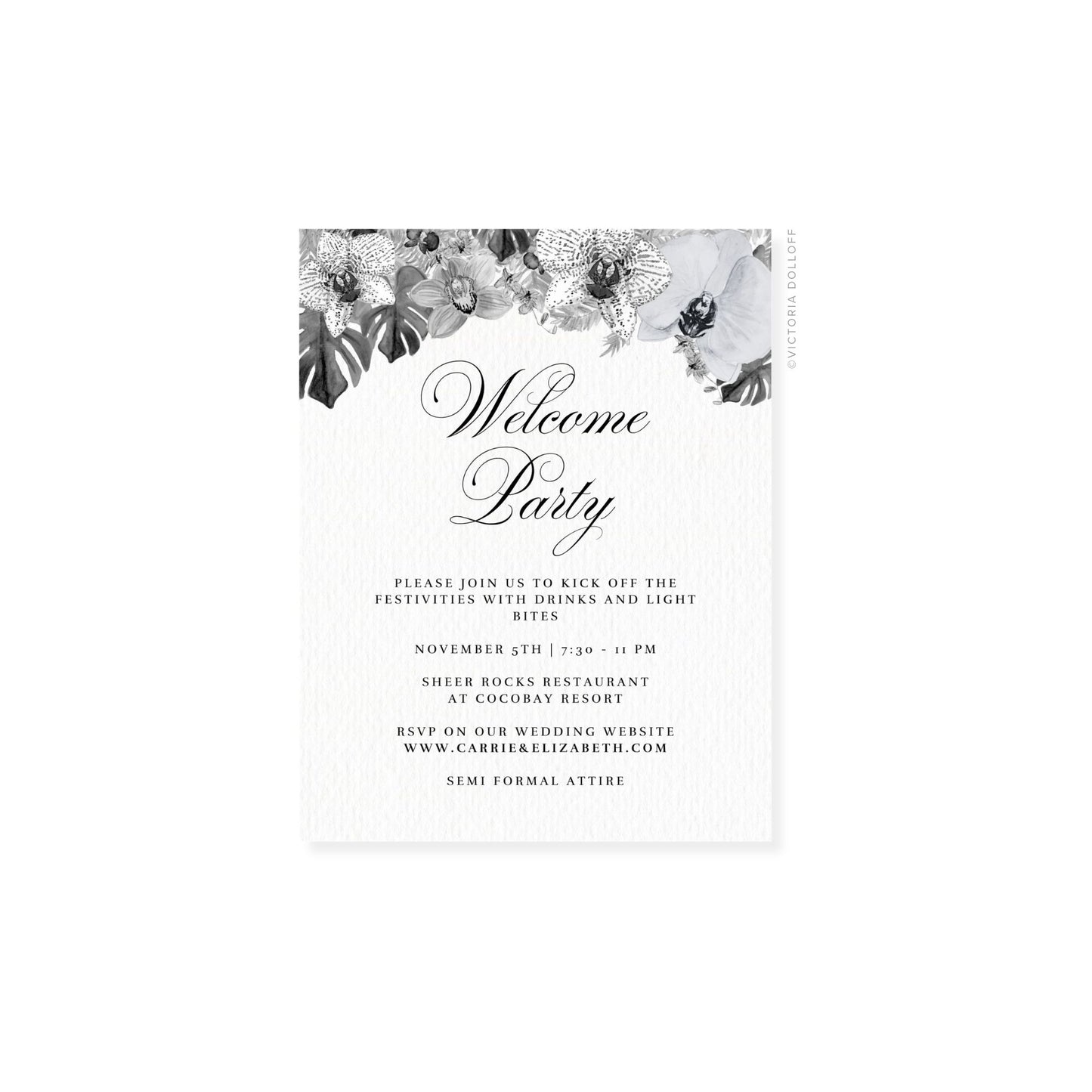 Einladungskarte „Welcome Party“ mit schlichter Kursivschrift, schwarzer Typografie
