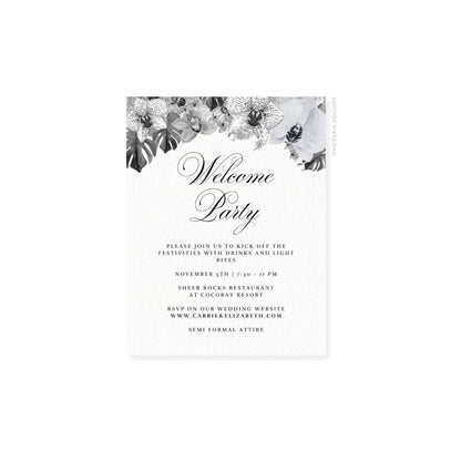 Einladungskarte „Welcome Party“ mit schlichter Kursivschrift, schwarzer Typografie