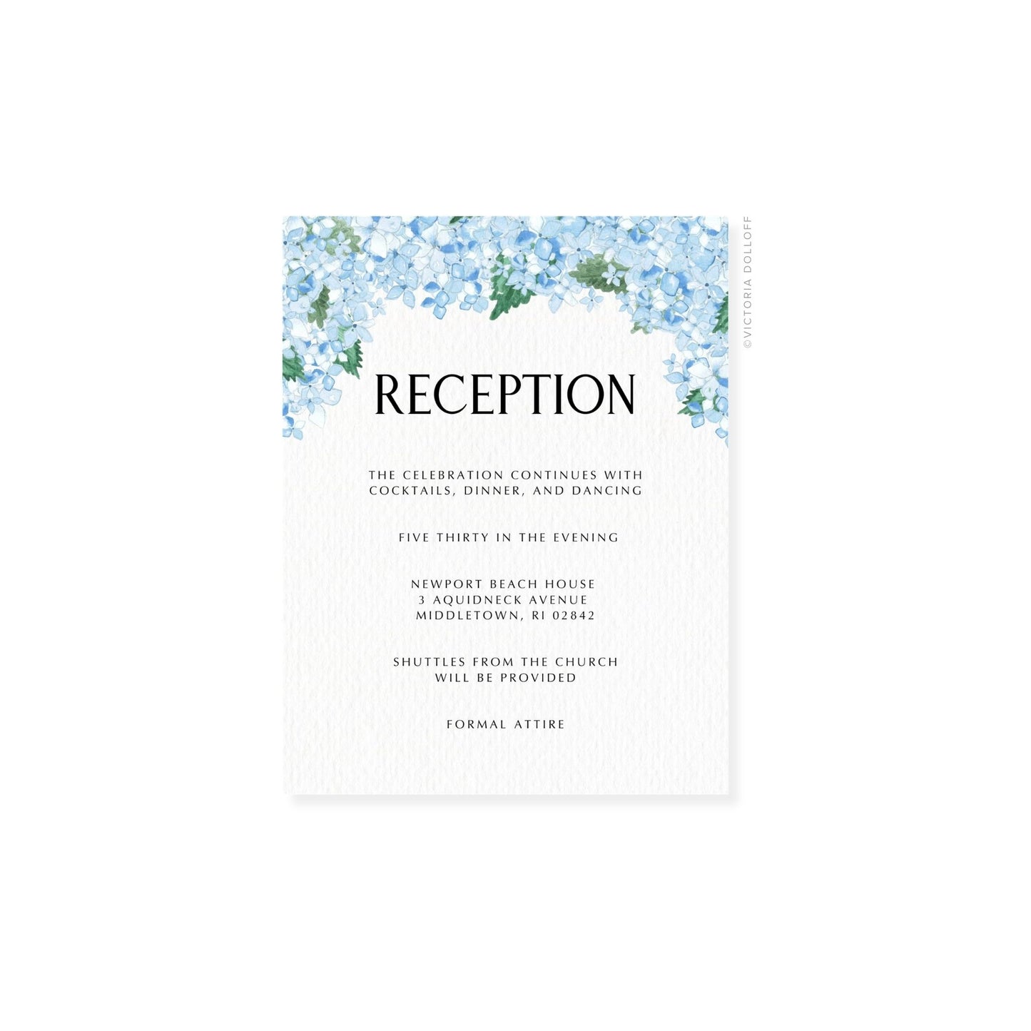 Hydrangea watercolor enclosure card, 'RECEPTION' in black uppercase