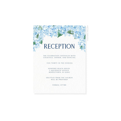Hydrangea watercolor enclosure card, 'RECEPTION' in navy blue uppercase