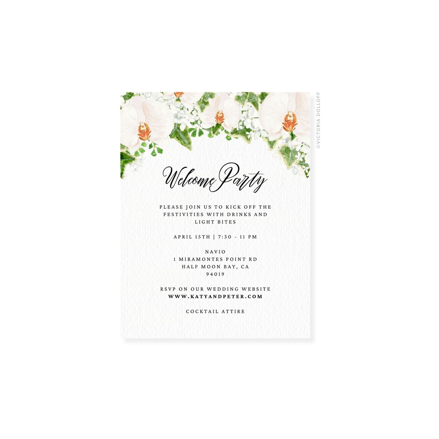Floral watercolor enclosure card, centered “Welcome Party” in script, dark text