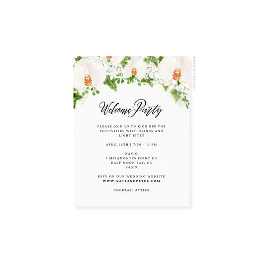 Floral watercolor enclosure card, centered “Welcome Party” in script, dark text