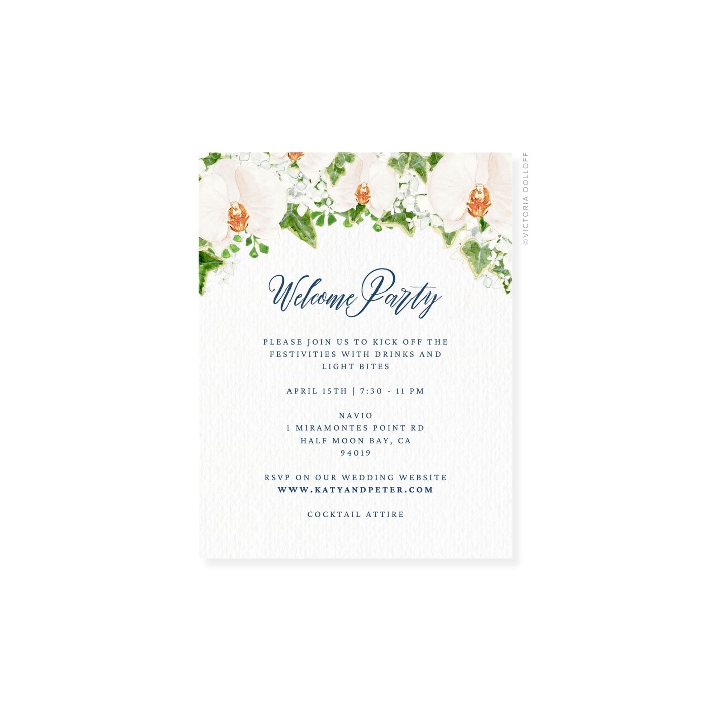 Floral watercolor enclosure card with top floral border and “Welcome Party” script