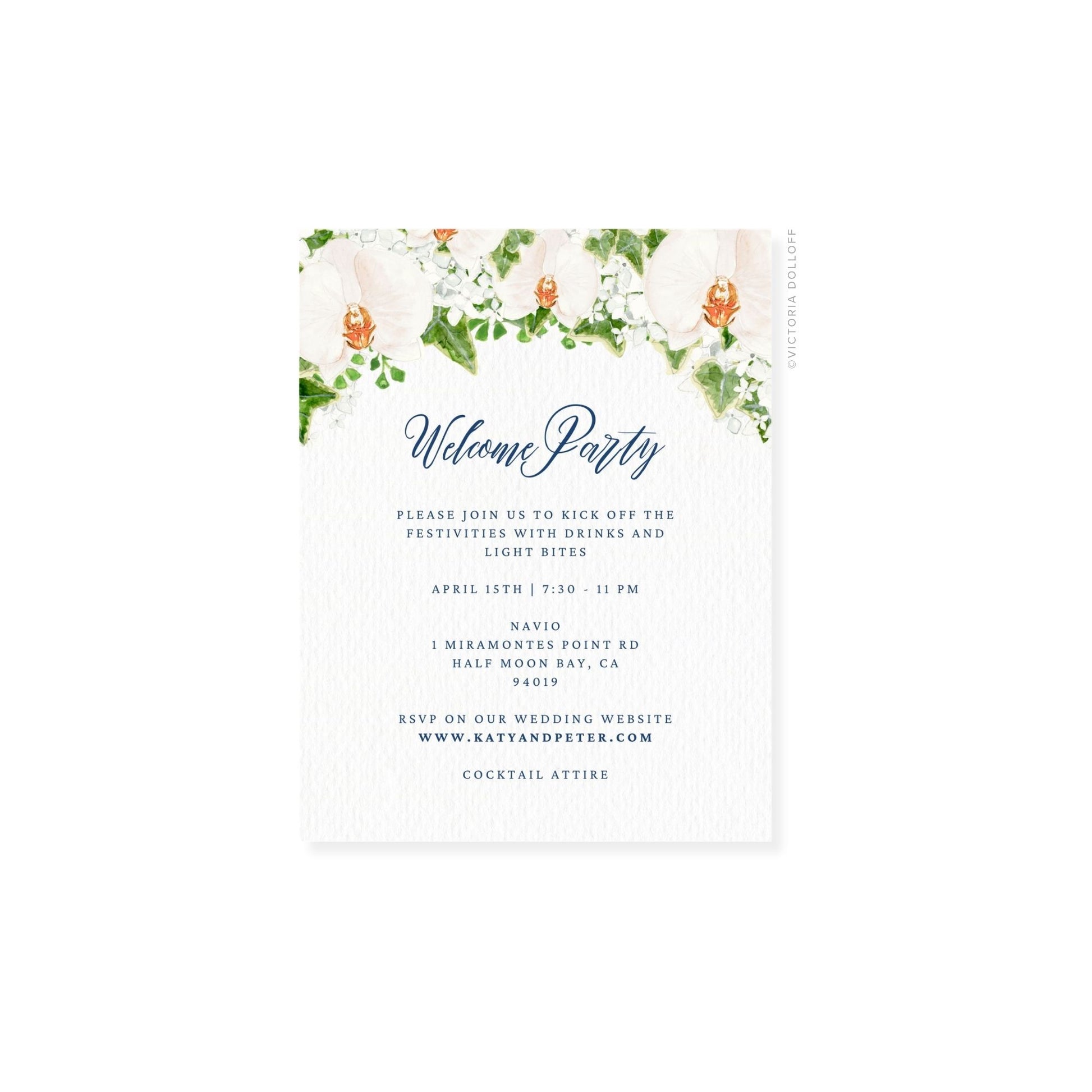 Floral watercolor enclosure card with top floral border and “Welcome Party” script