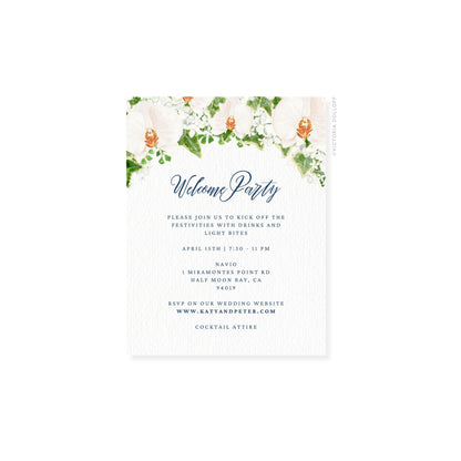 Floral watercolor enclosure card with top floral border and “Welcome Party” script
