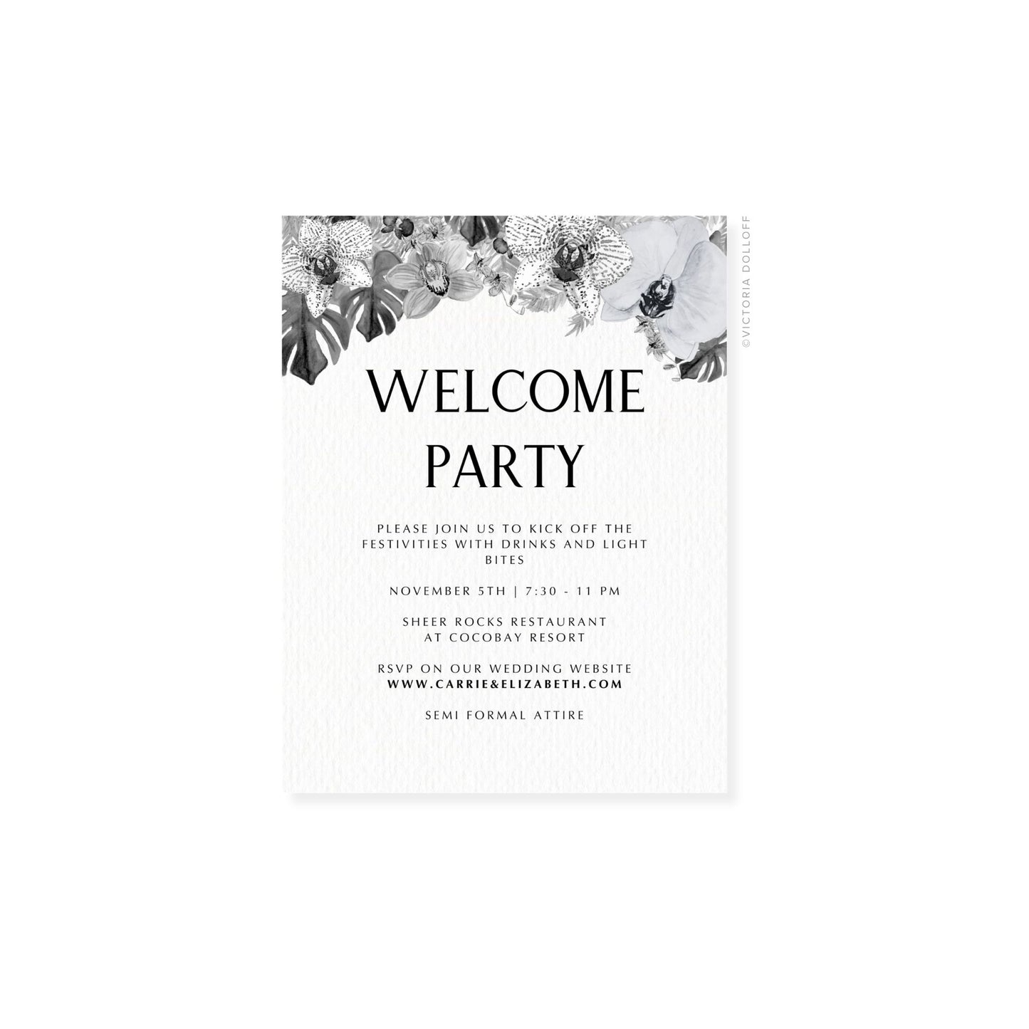 Einladungskarte „Welcome Party“ mit klarer Serifenschrift, schwarzer Typografie