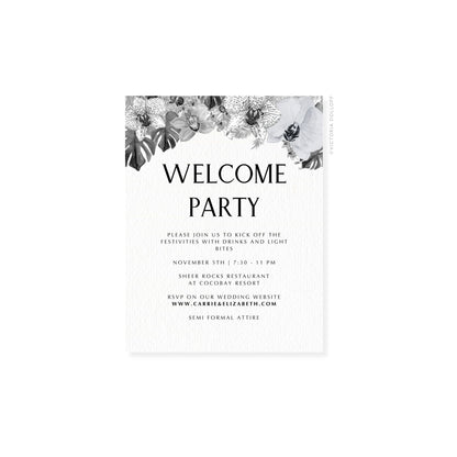 Einladungskarte „Welcome Party“ mit klarer Serifenschrift, schwarzer Typografie
