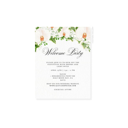 Floral watercolor enclosure card, “Welcome Party” script with smaller address and RSVP text