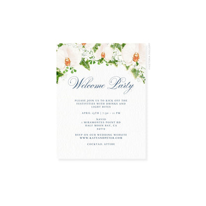 Floral watercolor enclosure card featuring “Welcome Party” script and event wording