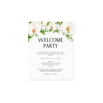 Floral watercolor enclosure card, navy-blue “WELCOME PARTY” two-line layout with info