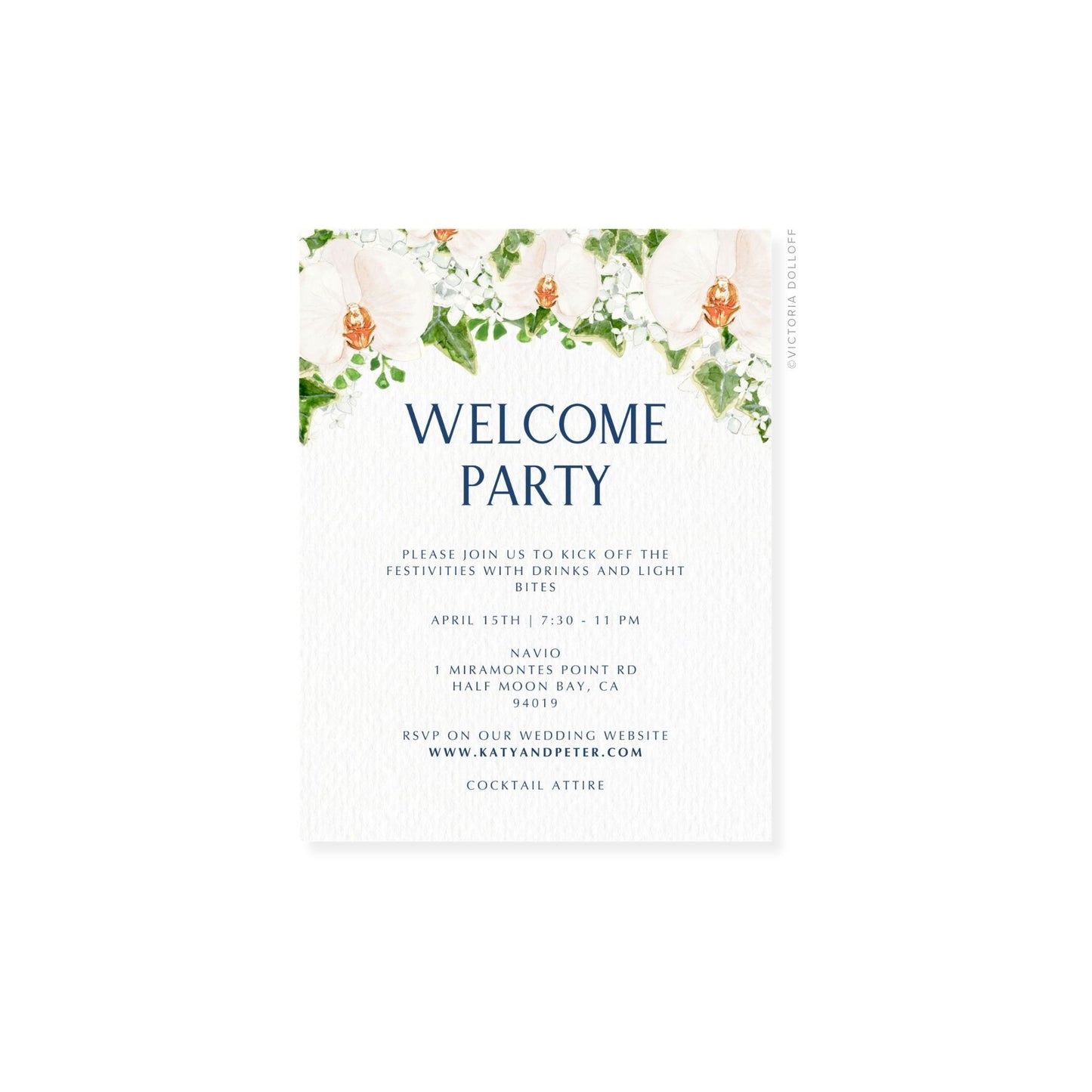 Floral watercolor enclosure card with navy-blue uppercase “WELCOME PARTY” and details