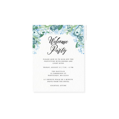 Watercolor floral enclosure card with “Welcome Party” and event details