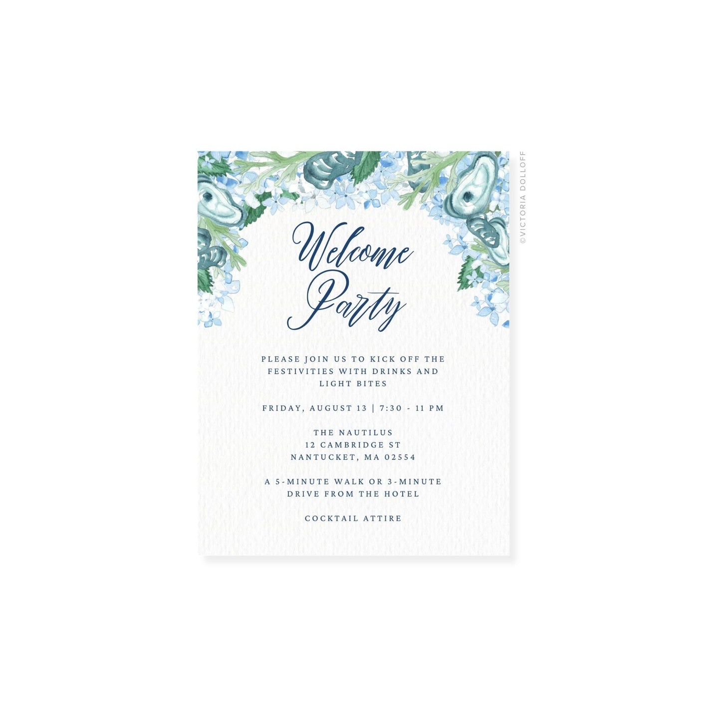 Oyster enclosure card with blue-green floral watercolor frame and “Welcome Party”