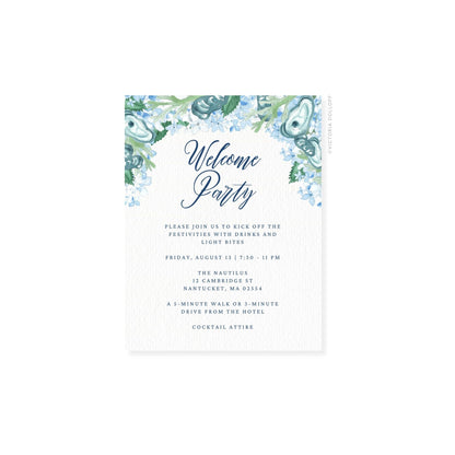 Oyster enclosure card with blue-green floral watercolor frame and “Welcome Party”