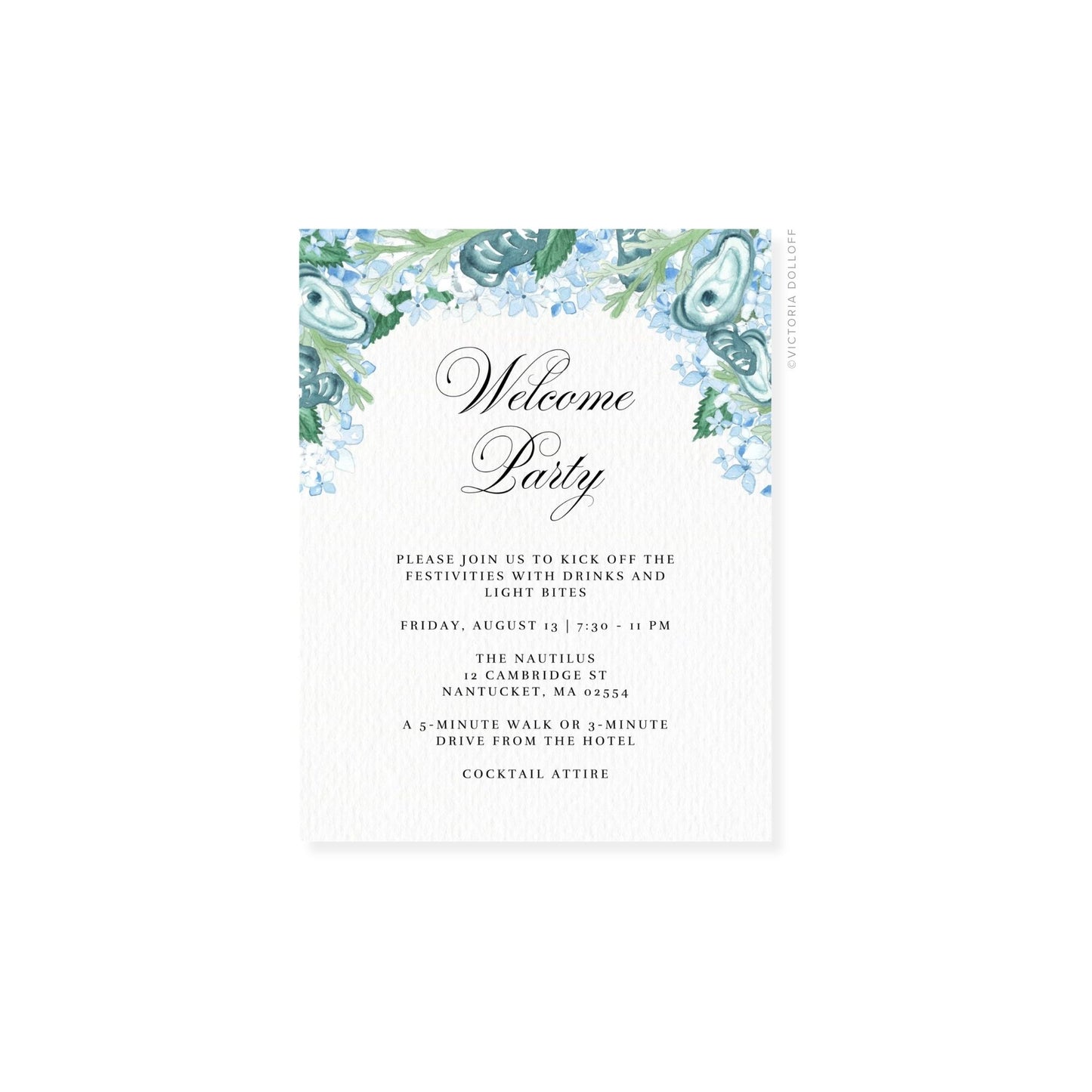 Watercolor floral border enclosure card showing “Welcome Party” typography