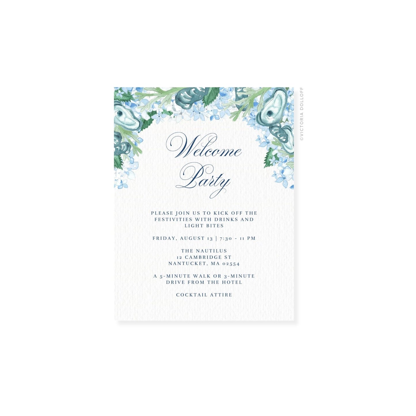 Watercolor floral border enclosure card reading “Welcome Party”