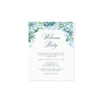 Watercolor floral border enclosure card reading “Welcome Party”