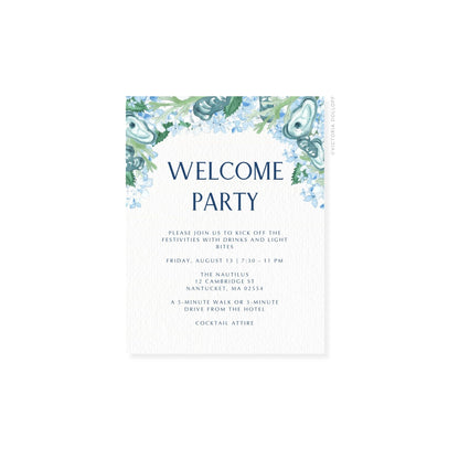 Enclosure card with watercolor floral frame and navy “WELCOME PARTY” heading