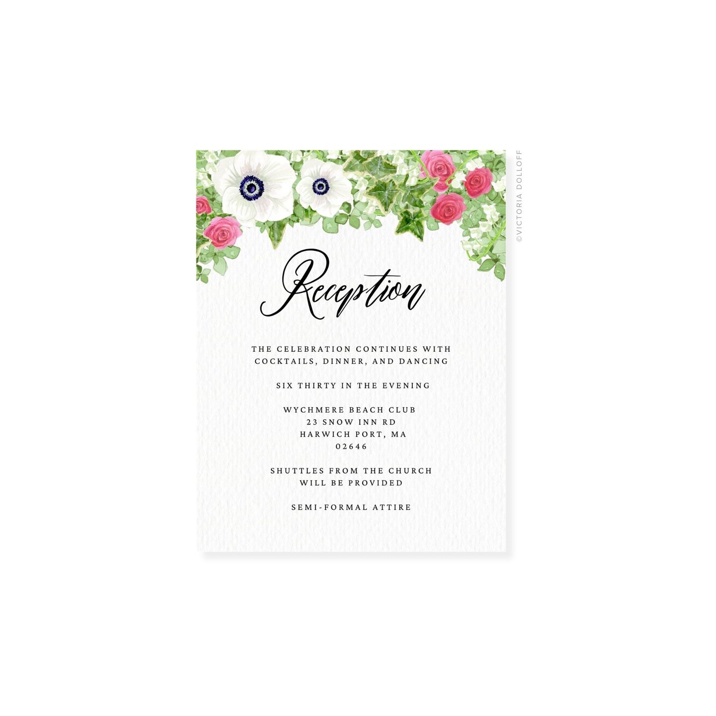 Floral “Reception” enclosure card with dark script “Reception” title and details