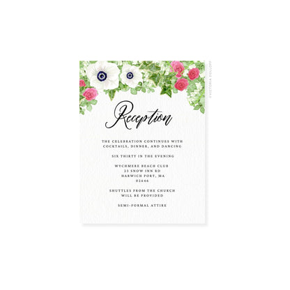 Floral “Reception” enclosure card with dark script “Reception” title and details