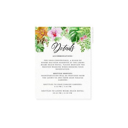 Cursive “Details” title on tropical floral enclosure card with accommodation text