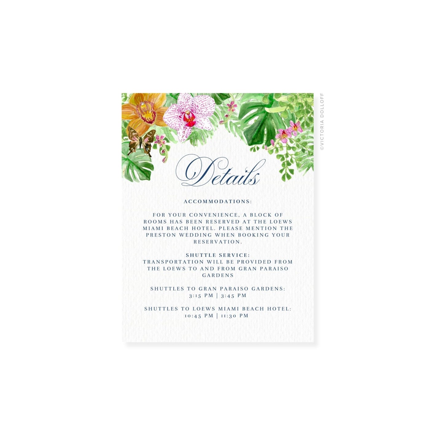 Enclosure card with script “Details” title and shuttle times in small text