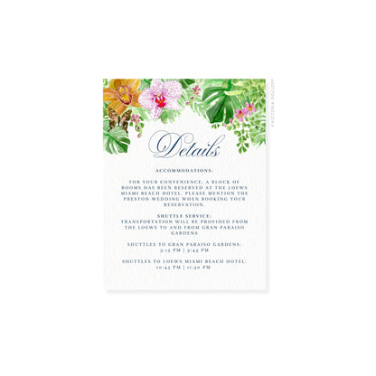 Enclosure card with script “Details” title and shuttle times in small text