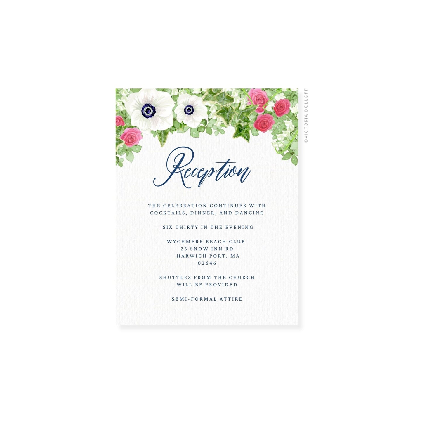 Floral “Reception” enclosure card with blue script headline and event wording