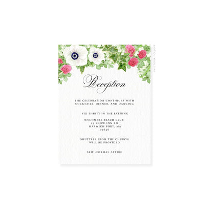 Floral watercolor enclosure card featuring a “Reception” script heading