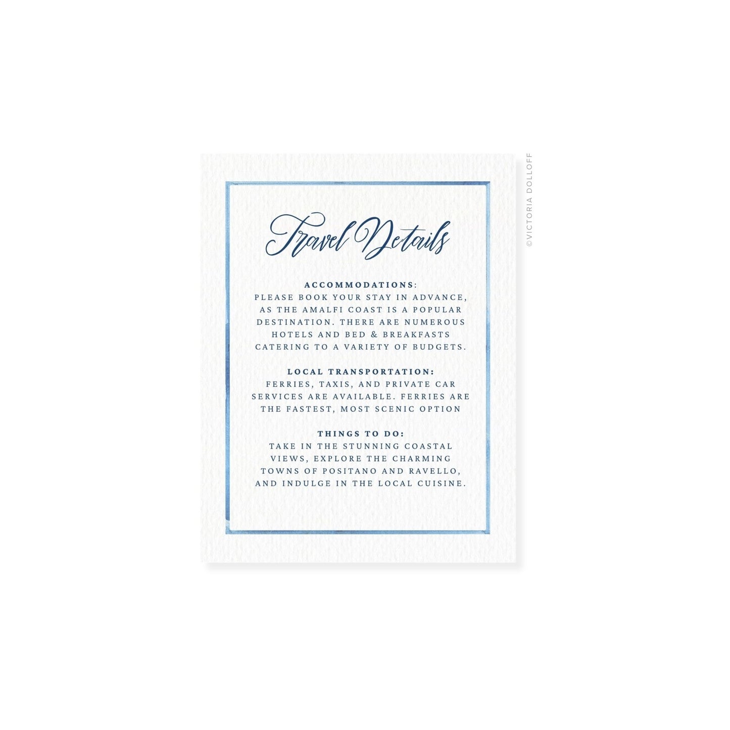 Travel Details card with blue watercolor border and cursive header