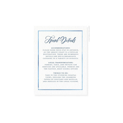 Travel Details card with blue watercolor border and cursive header