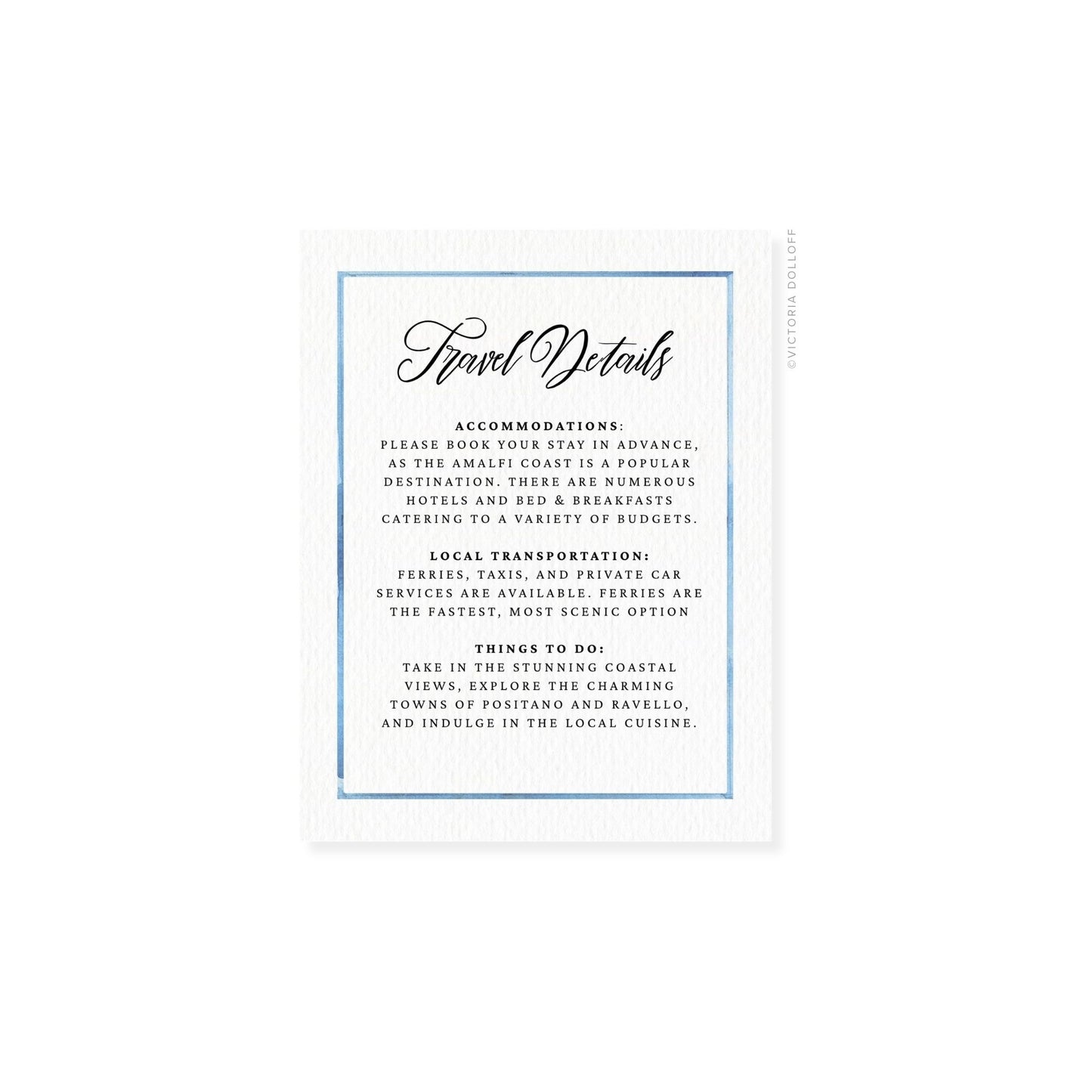 Travel Details card with blue watercolor border and cursive title text