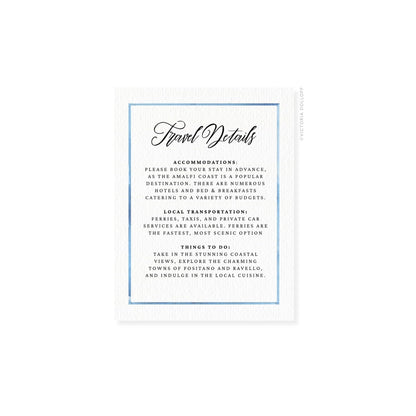 Travel Details card with blue watercolor border and cursive title text