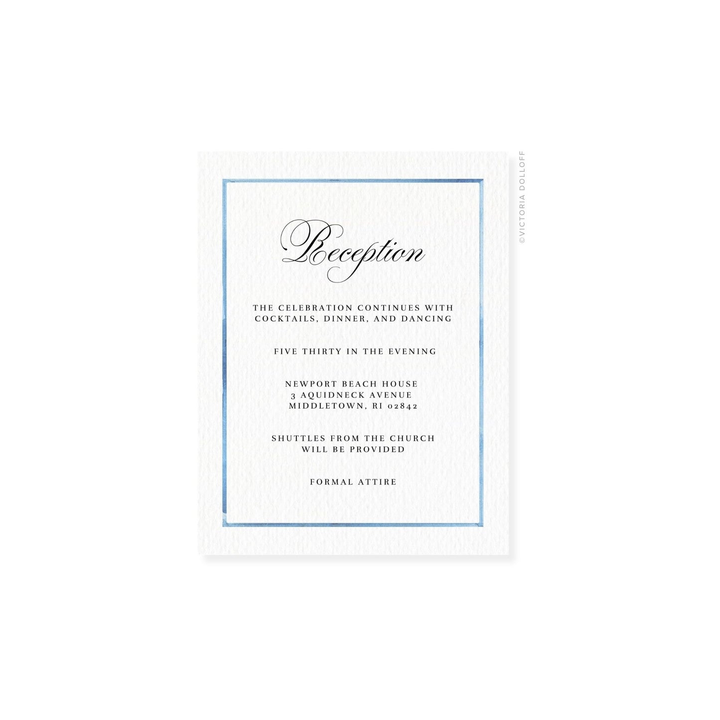 Watercolor Border Enclosure Card – Ocean blue border, artful script header “Reception”