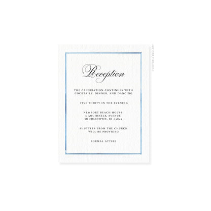 Watercolor Border Enclosure Card – Ocean blue border, artful script header “Reception”