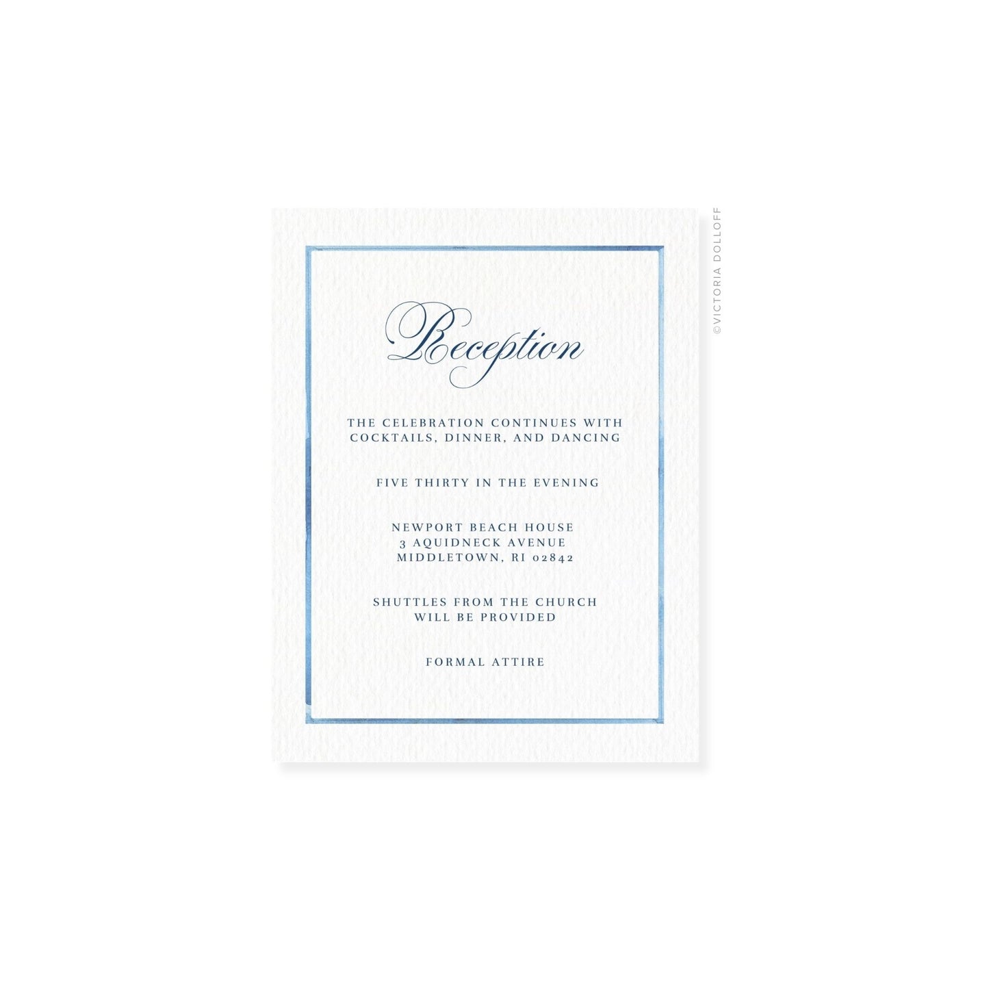 Watercolor Border Enclosure Card – Ocean blue border, artful cursive “Reception”, navy text